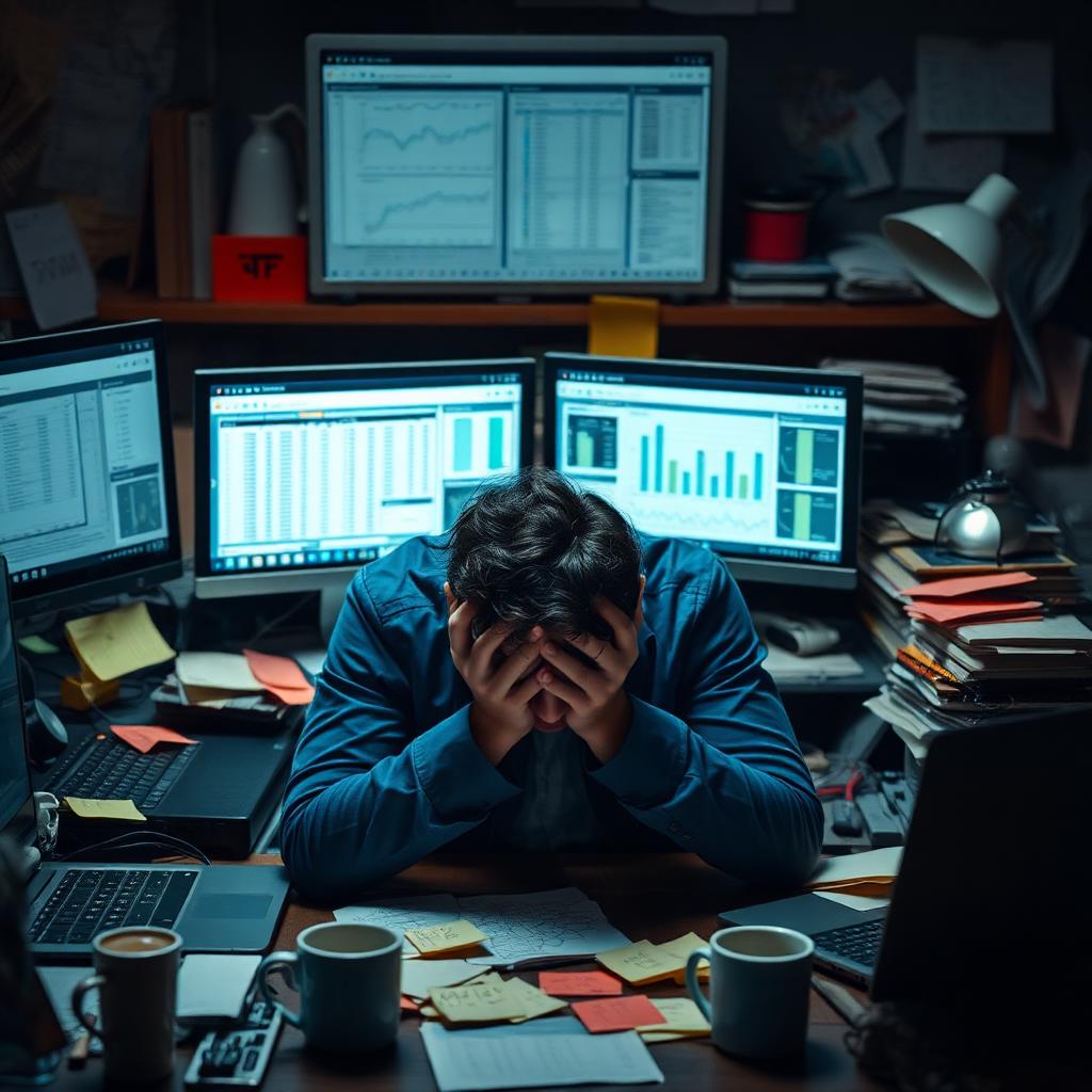 Stressed marketer at messy desk